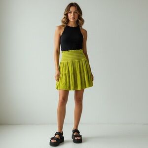 La Plage Smocked Tiered Velvet Mini skirt in Chartreuse silk XS